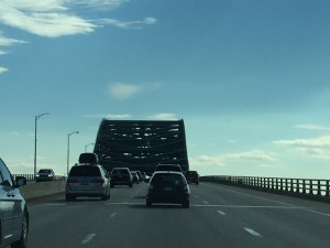 This photo was taken from a car that was chock-full of water bottles!